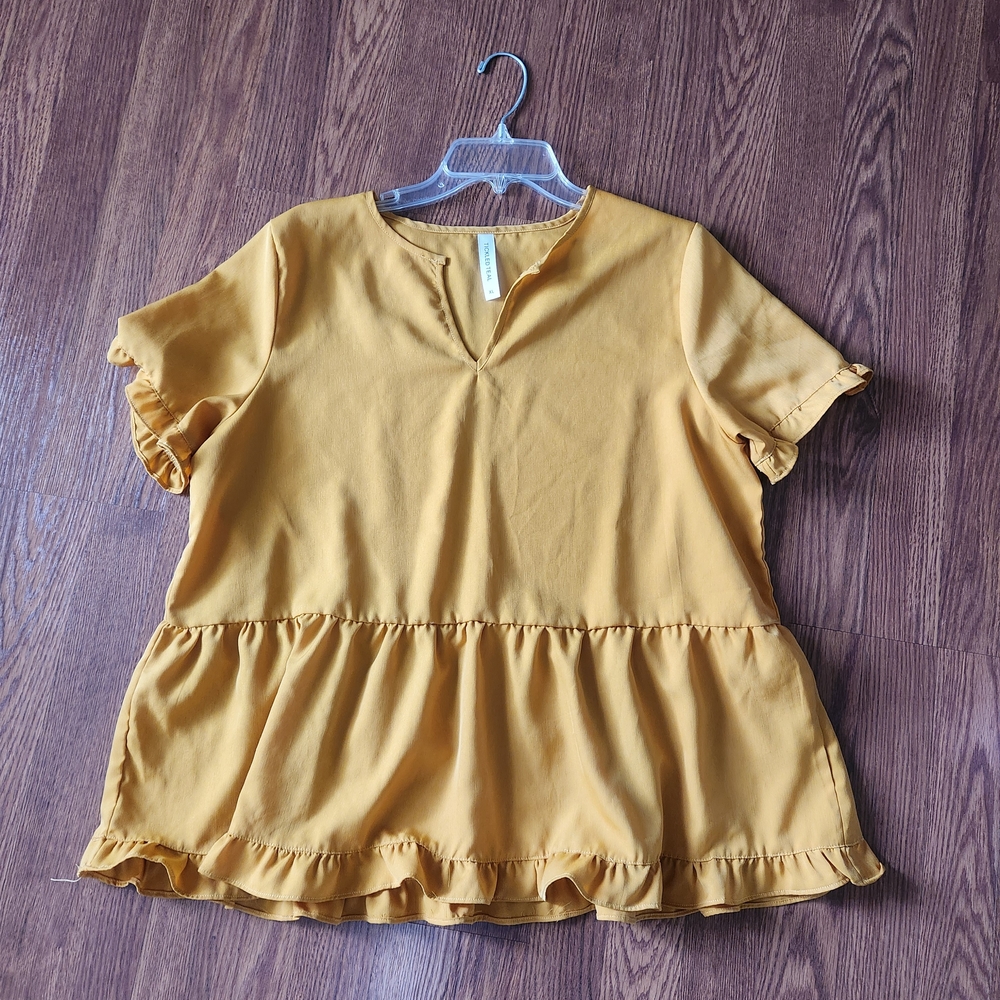 Tickled Teal Gold Ruffled Peplum Blouse